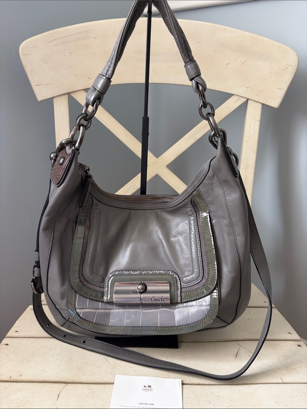 Coach Kristin Spectator Hobo Gray Leather Shoulder Bag with Silver Accent